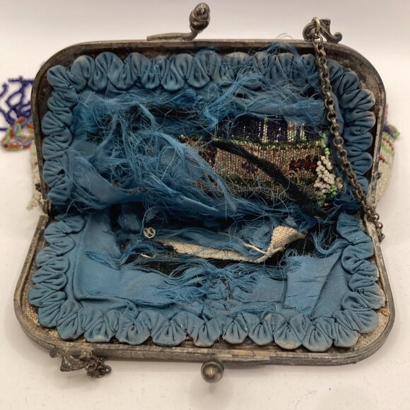Antique Hand Beaded Bag/Purse wit Silver Frame Boho Grannycore Art Deco Reticule - Picture 8 of 8